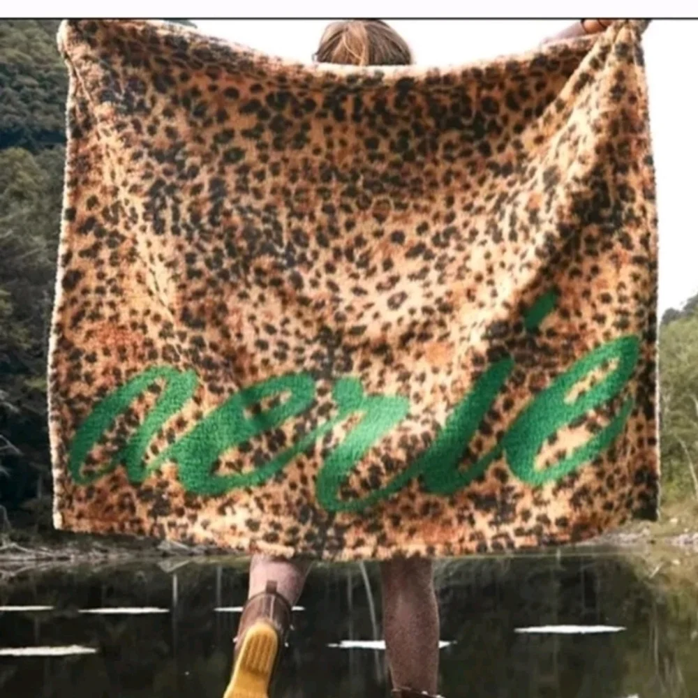 Aerie Leopard Print Soft Cozy Brown With Green Writing Lightweight Throw Blanket